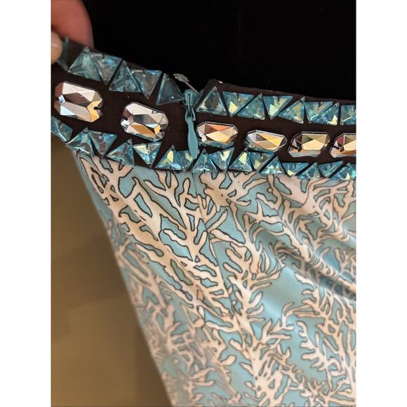 TORY BURCH Print sea coral turquoise blue beaded neckline silk knit midi sz M - Picture 4 of 9